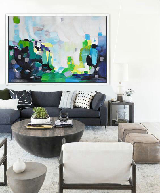 Extra Large Textured Painting On Canvas,Oversized Horizontal Contemporary Art,Extra Large Canvas Art,Handmade Acrylic Painting,White,Grey,Blue,Green.etc